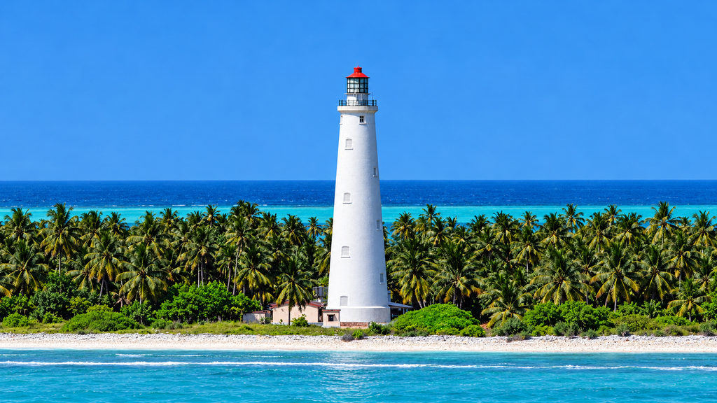 Eastern-side view of the historic Lighthouse of Maliku rising above coconut palms beside the Arabian Sea.
